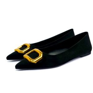 Zara Black Pointed Toe Flats with Gold Buckle